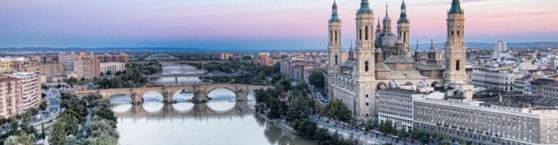 Evening skyline view of Zaragoza, ES